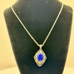 Silver Tone Signed 24” Necklace with‎ Lapis Lazuli Pendant